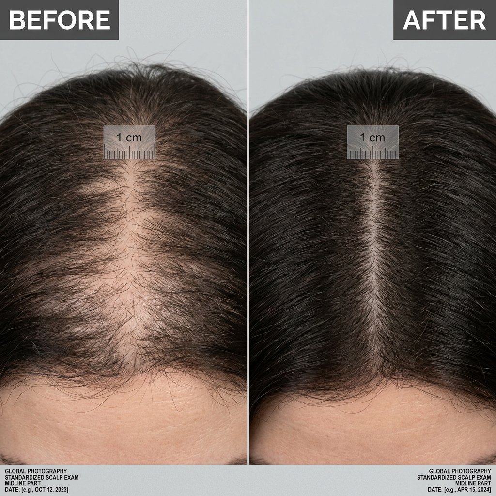 Before and after — Standardised midline part, same 1 cm scale marker in both frames. 0 → 24 weeks of daily pumpkin seed oil