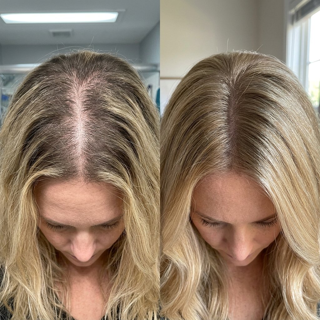 Before and after — Diffuse thinning at the frontal third, age 39. 0 → 24 weeks of daily pumpkin seed oil
