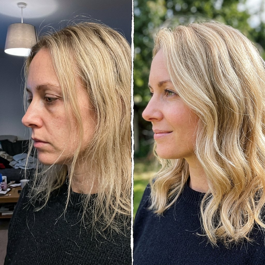 Before and after — Overall condition and volume, post-menopausal shedding. 0 → 26 weeks of daily pumpkin seed oil