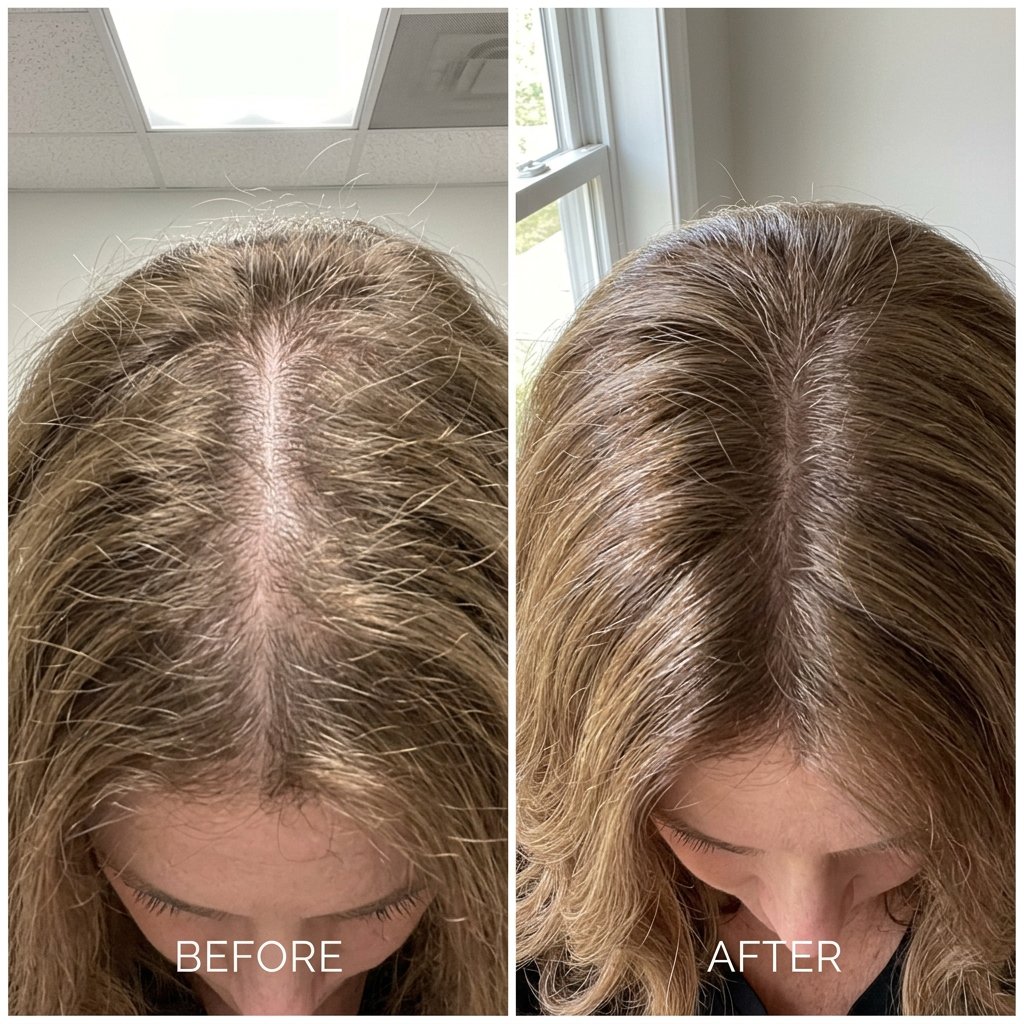 Before and after — Part-line density, female pattern thinning, age 44. 0 → 16 weeks of daily pumpkin seed oil